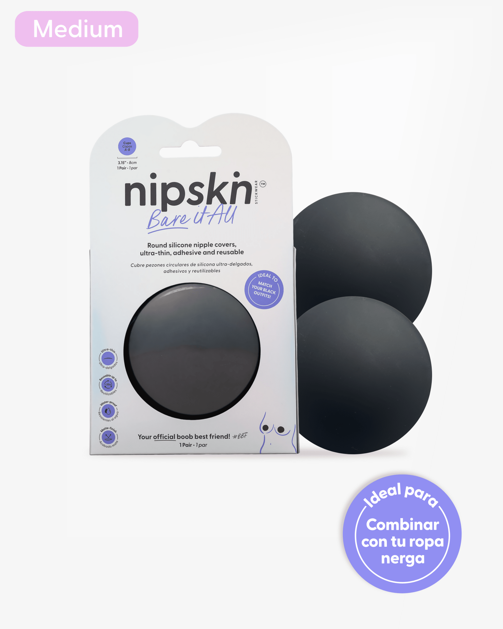 Black Edition Bare it All - Cubre Pezones Circulares de Silicona Reutilizables Medium - Nipskin CR