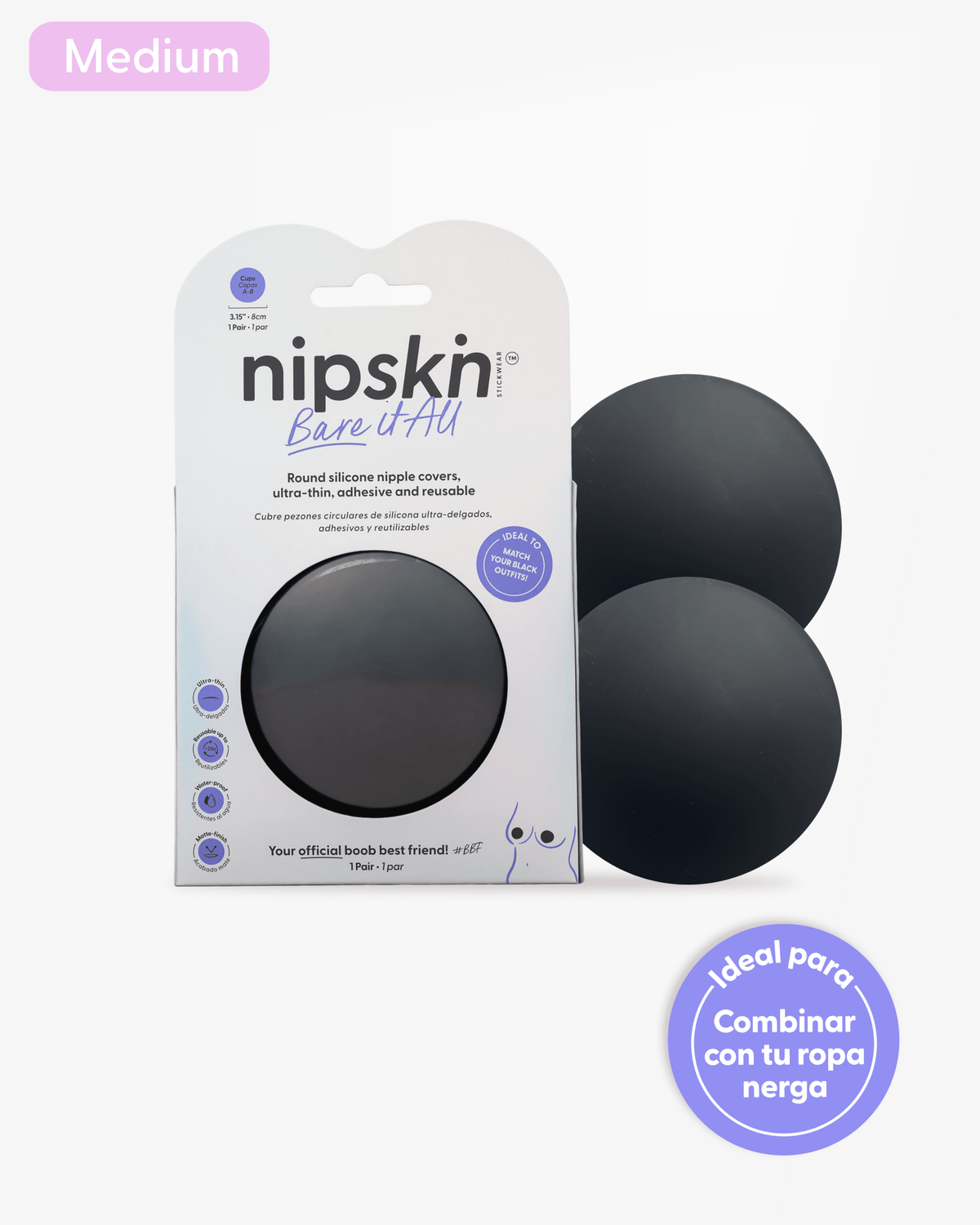 Black Edition Bare it All - Cubre Pezones Circulares de Silicona Reutilizables Medium - Nipskin CR